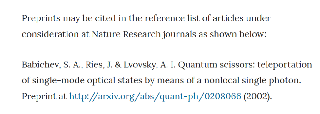 Screenshot from Nature author guidlines, stating their policy on the citation of preprints