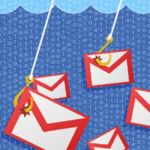 Email envelope symbols caught on fishing hooks, to indicate the method by which predatory journals get inexperienced scholars to submit their research.