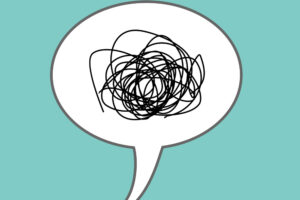 Speech bubble with squiggly, tangled line representing wordiness